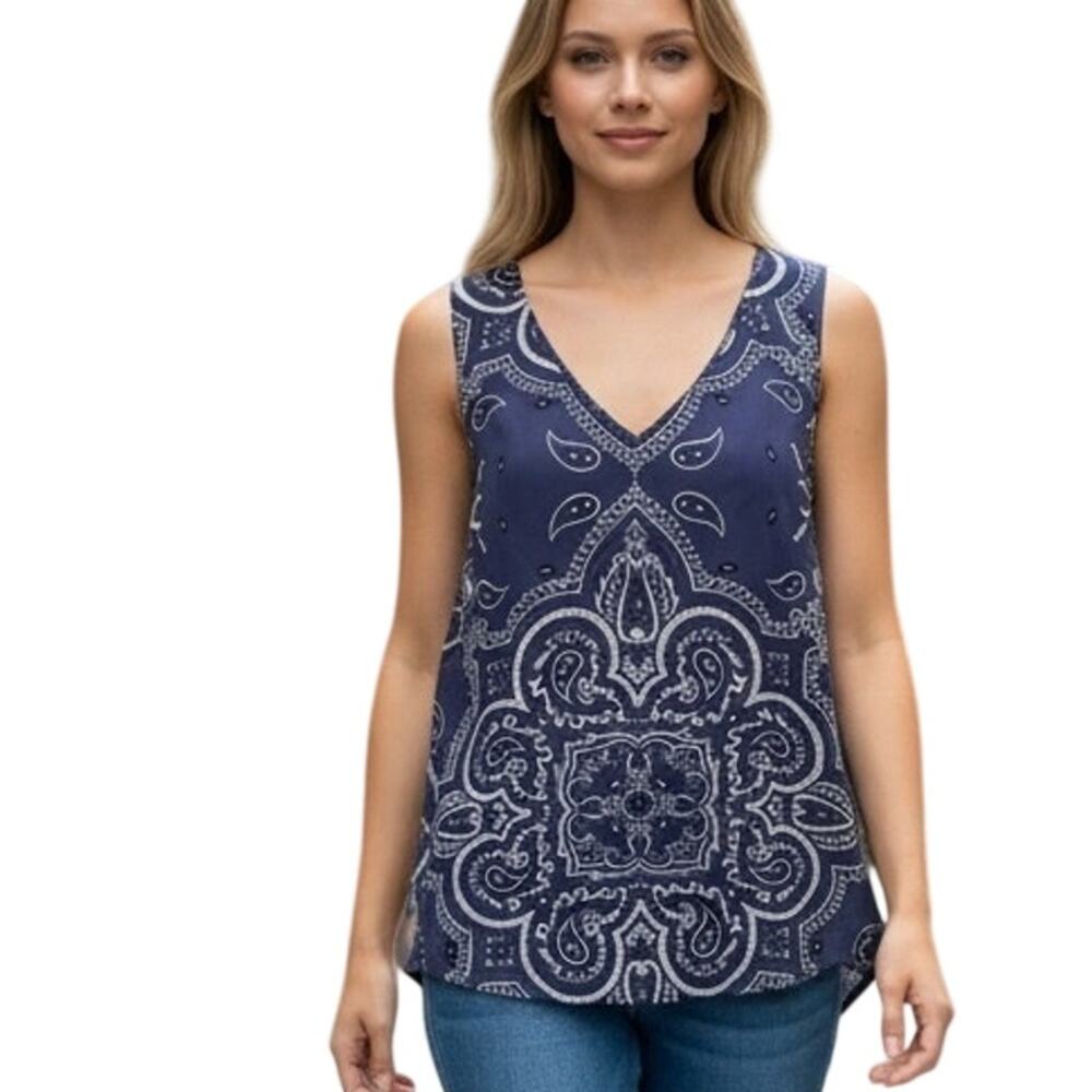 W5 Blue Bandana Tank Womens Medium V-Neck Sleeveless Boho Folk Top Anthropologie